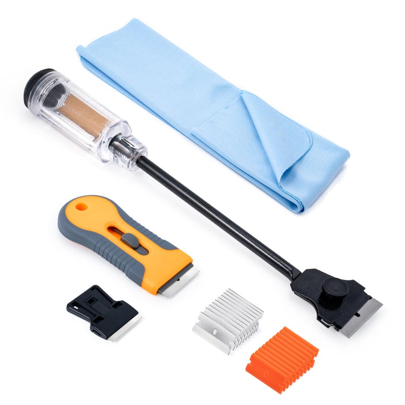 FOSHIO Multi-Purpose Window Tint Removal Tool Set with Long Handle Razor Blade Scraper, Retracted Metal Razor, Mini Plastic Scraper, Microfiber Cleaning Cloth, 20 Bonus Razor Blades - Image 1